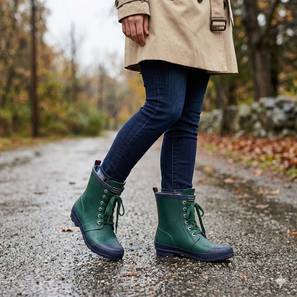Tommy Hilfiger Gorpcore Rain Boots Women Size 7 Green Navy Lace Up Waterproof